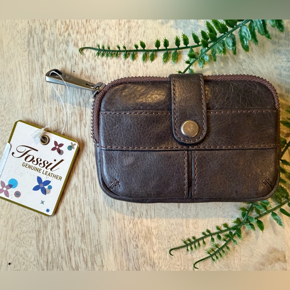 Fossil New Dark Grey Leather zip Coin Purse